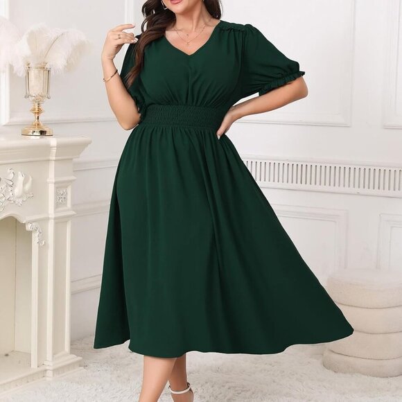 Women's Plus Size Midi Dress V Neck Short Sleeve Boho Elegant Wedding Party - Picture 4 of 6